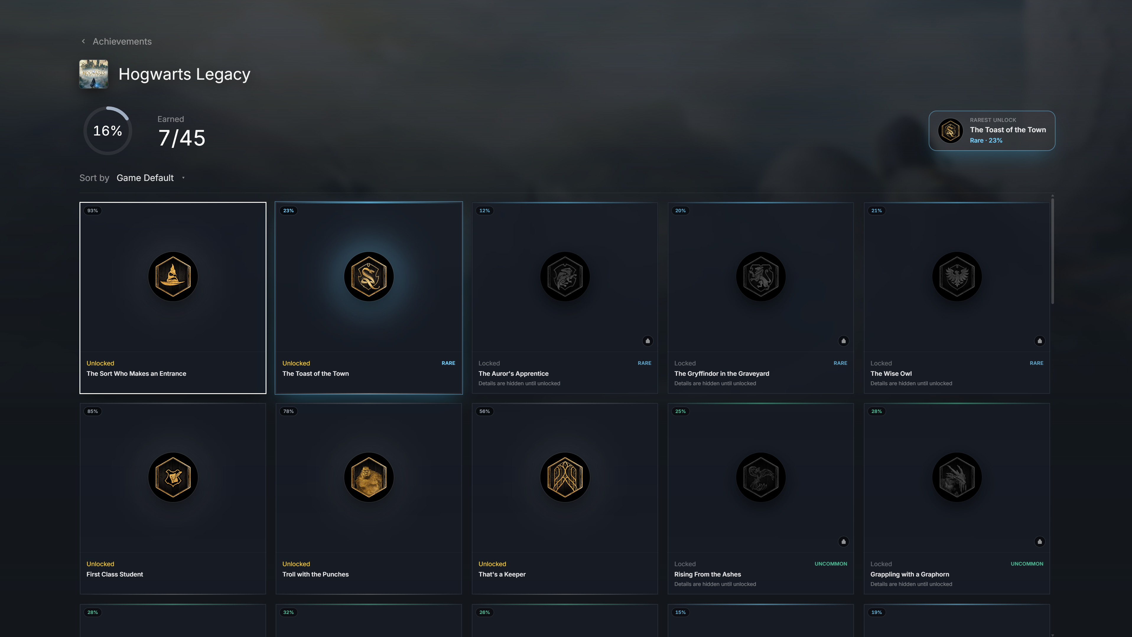 Hitch achievements page showing completion progress, rarity tiers, and rarest unlock