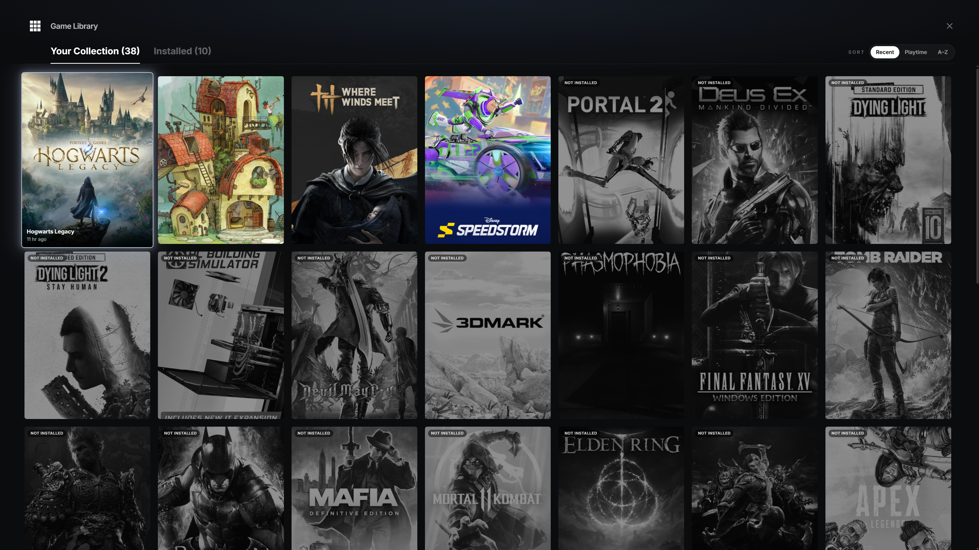 Hitch game library grid with collection and installed tabs and sorting options