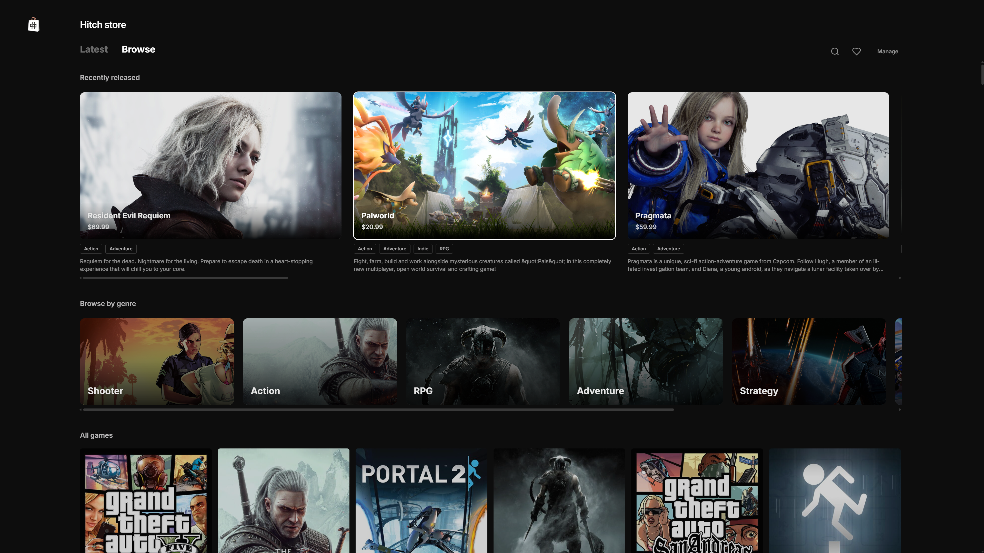 Hitch store Browse tab with recent releases, genres, and the full catalog